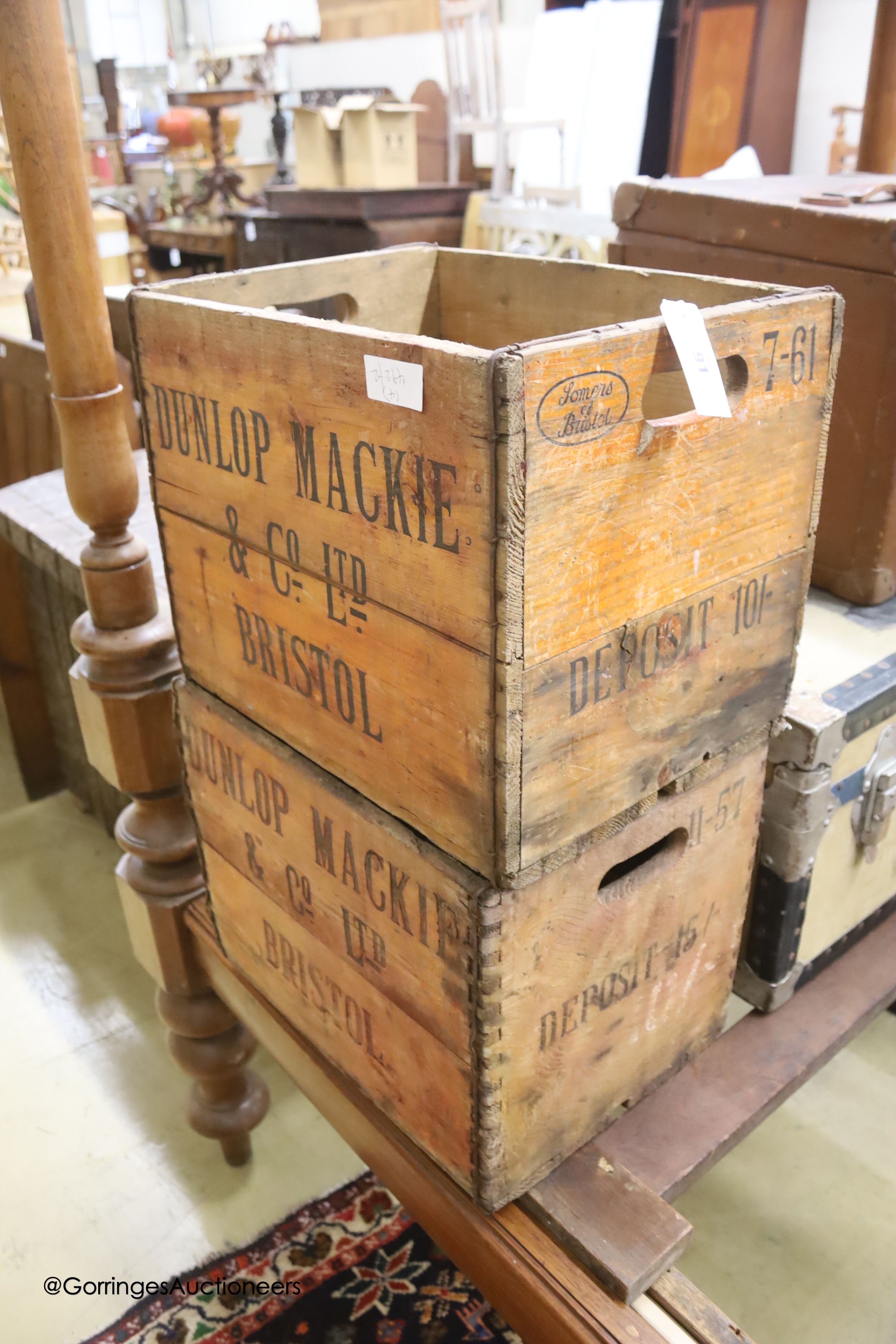 Four vintage wooden wine crates, width 43cm